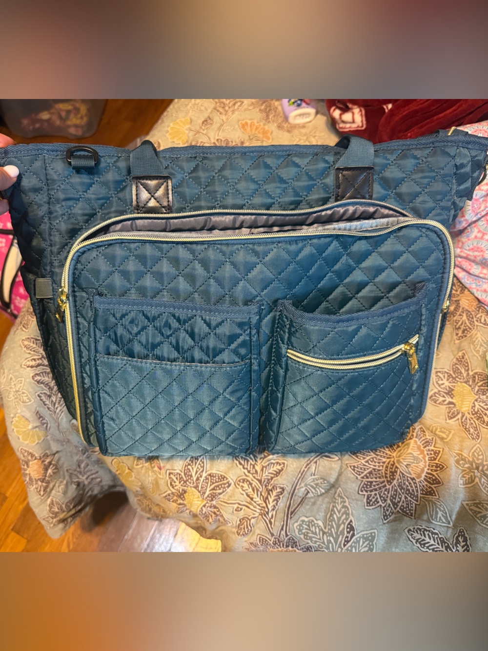 Quilted Teal Women's Travel Tote Bag with Gold Zippers